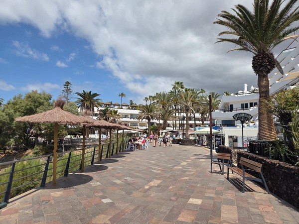Promenade de Costa Adeje Promenade piétonne à Costa Adeje avec des palmiers, des restaurants, des parasols en chaume et des passants près du ravin.