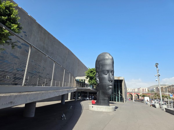 Grande sculpture de tête noire devant un bâtiment moderne à Santa Cruz de Tenerife sous un ciel bleu.
