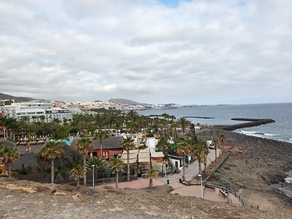 Vue côtière depuis le Mirador Las Palomas à Costa Adeje avec hôtels, palmiers et littoral rocheux.