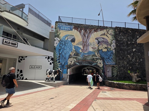 Fresque à Los Cristianos Tunnel décoré d’une grande fresque de perroquets colorés à Los Cristianos, avec des passants à proximité.
