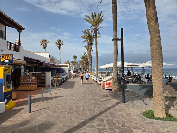 Promenade de Playa de las Américas à Tenerife, bordée de palmiers, de terrasses de restaurants et de la mer.