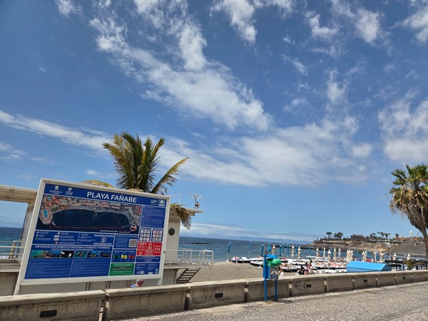 Panneau d’information de Playa Fañabé sur la promenade, avec palmiers, ciel bleu et plage en arrière-plan.