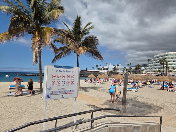 Entrée de Playa La Pinta avec panneau, palmiers, transats et hôtels de Costa Adeje au bord de la plage.
